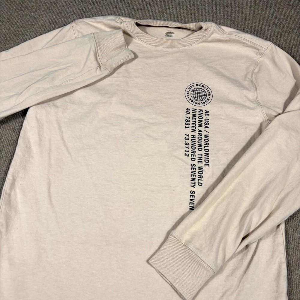 American Eagle Shirt Men's Medium Beige Standard Fit Graphic Print Long Sleeve